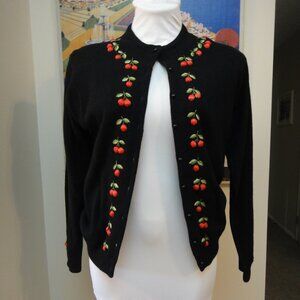 50s Cardigan Sweater Cherries Black    Vintage sz 40 runs Small